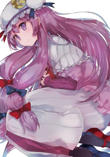 Anime picture 1058x1500 with touhou patchouli knowledge kou mashiro single long hair tall image looking at viewer blush simple background white background purple eyes holding purple hair bent knee (knees) crescent girl book (books) moon bonnet pajamas