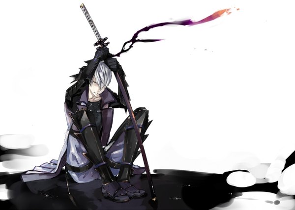 Anime picture 1500x1071 with sengoku basara production i.g mitsunari ishida ocha (artist) single fringe short hair white background sitting silver hair hair over one eye tears crying boy gloves ribbon (ribbons) weapon sword armor katana