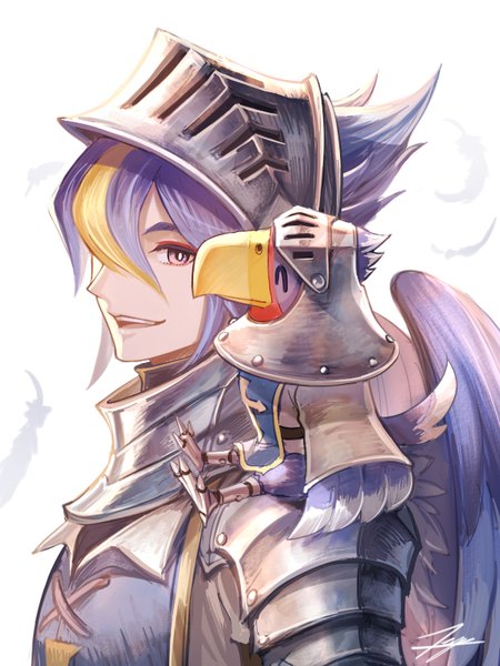 Anime-Bild 600x800 mit animal crossing sterling (animal crossing) tenyo0819 tall image short hair simple background white background purple eyes purple hair upper body multicolored hair streaked hair knight humanization boy animal wings armor bird (birds) feather (feathers)