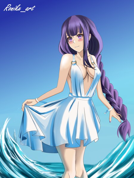 Anime picture 3456x4608 with genshin impact raiden shogun ronikx art single long hair tall image blush fringe highres breasts light erotic standing purple eyes signed looking away absurdres sky cleavage purple hair outdoors