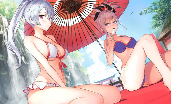 Anime picture 1316x800 with fate (series) fate/grand order miyamoto musashi (fate) tomoe gozen (fate) nanotaro long hair looking at viewer blush fringe breasts open mouth blue eyes light erotic smile hair between eyes red eyes wide image sitting multiple girls holding