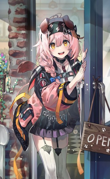 Anime picture 1238x2000 with arknights goldenglow (arknights) toga (toganawa) single long hair tall image looking at viewer fringe open mouth hair between eyes animal ears yellow eyes pink hair tail braid (braids) :d animal tail cat ears open jacket cat girl