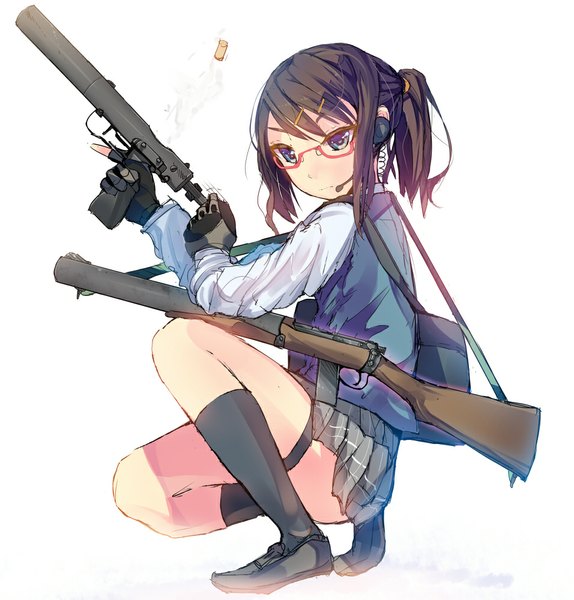 Anime picture 956x1000 with original daito (daito369) single long hair tall image looking at viewer blush blue eyes black hair simple background white background ponytail smoke trigger discipline girl skirt gloves uniform hair ornament weapon