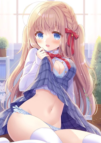 Anime picture 2000x2829 with original moe2021 hoshimame mana single long hair tall image blush highres breasts open mouth blue eyes light erotic blonde hair sitting looking away ahoge indoors :d two side up groin