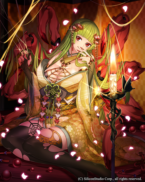 Anime picture 776x975 with gyakushuu no fantasica katagiri hachigou single tall image looking at viewer blush smile red eyes bent knee (knees) traditional clothes japanese clothes fingernails green hair long fingernails girl thighhighs dress hair ornament black thighhighs petals
