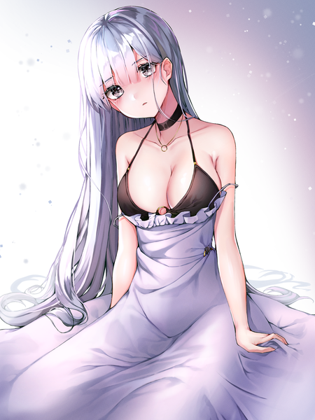 Anime picture 2000x2667 with original fage single long hair tall image looking at viewer blush fringe highres breasts light erotic simple background hair between eyes large breasts sitting bare shoulders cleavage silver hair parted lips head tilt