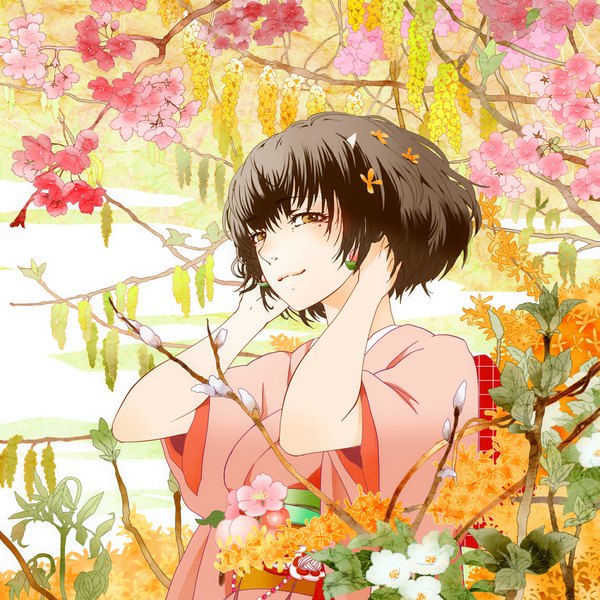 Anime picture 1000x1000 with hoozuki no reitetsu wit studio peach maki kibi (pixiv298748) single blush smile brown hair brown eyes looking away traditional clothes japanese clothes horn (horns) mole wide sleeves mole under eye cherry blossoms demon girl mole under mouth demon