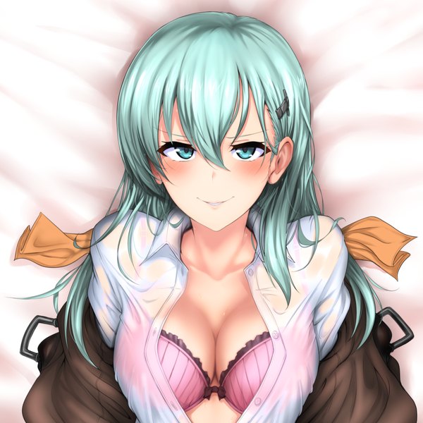 Anime picture 1000x1000 with kantai collection suzuya heavy cruiser ulrich (tagaragakuin) single long hair blush breasts blue eyes light erotic smile blue hair cleavage girl lingerie bra