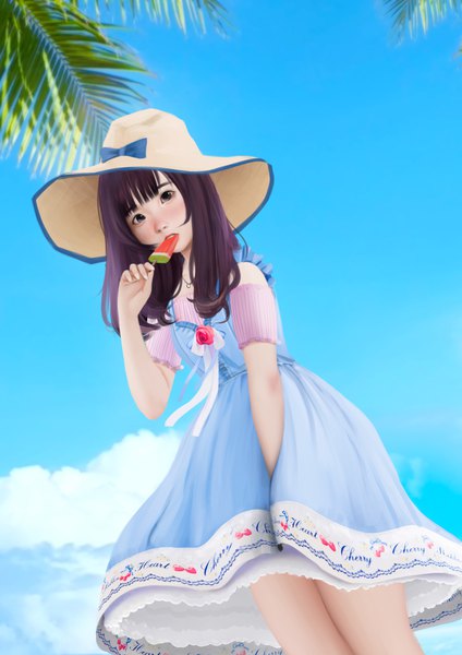 Anime picture 1920x2716 with real life ola aphrodite jubi (regiana) single long hair tall image highres black hair holding sky black eyes realistic mouth hold food in mouth girl dress plant (plants) hat tree (trees) food