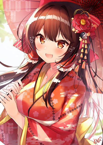 Anime picture 2508x3541 with touhou hakurei reimu nenobi (nenorium) single long hair tall image blush highres open mouth brown hair brown eyes looking away upper body traditional clothes :d japanese clothes symbol-shaped pupils heart-shaped pupils yin yang girl