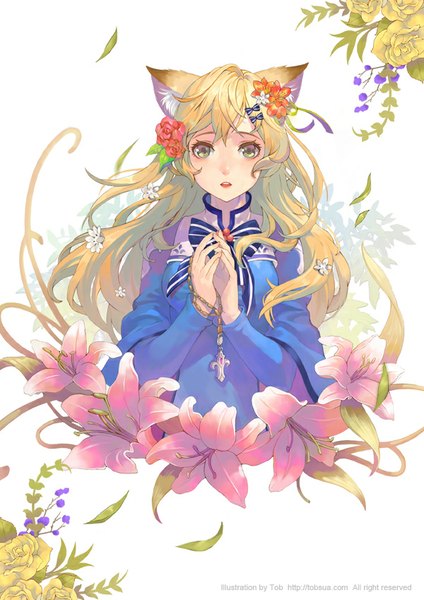 Anime picture 600x849 with original tob single long hair tall image looking at viewer blush fringe open mouth blonde hair white background green eyes animal ears hair flower wind cat ears inscription girl dress hair ornament
