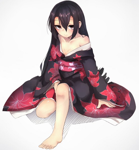 Anime picture 1086x1171 with original otokuyou single long hair tall image blush black hair simple background white background sitting bare shoulders traditional clothes japanese clothes pink eyes barefoot bare legs no shoes kneeling floral print girl