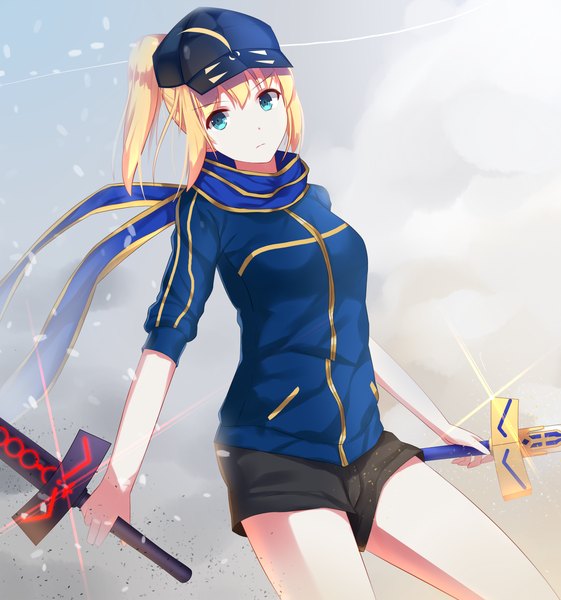 Anime picture 1920x2052 with fate (series) fate/grand order artoria pendragon (all) mysterious heroine x (fate) unscpro single tall image highres short hair blonde hair holding payot looking away ahoge ponytail head tilt aqua eyes bare legs dust girl