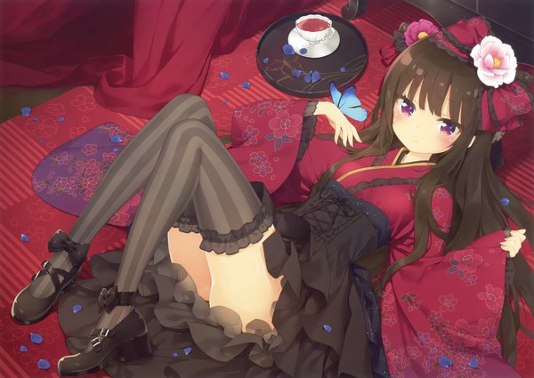 Anime picture 3300x2342 with original eshi 100-nin ten kani biimu single long hair looking at viewer blush fringe highres light erotic brown hair purple eyes absurdres lying blunt bangs scan lolita fashion butterfly on hand wa lolita girl