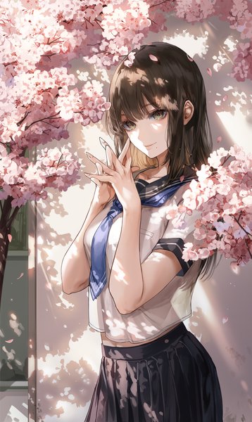 Anime picture 800x1339 with original kim eb single long hair tall image looking at viewer fringe smile brown hair standing green eyes signed outdoors blunt bangs pleated skirt mole short sleeves cherry blossoms mole under mouth interlocked fingers