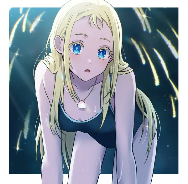 Anime picture 2275x2236 with summertime render kofune ushio shinzousan single long hair looking at viewer highres open mouth blue eyes light erotic blonde hair wet leaning leaning forward border outside border fireworks girl swimsuit pendant