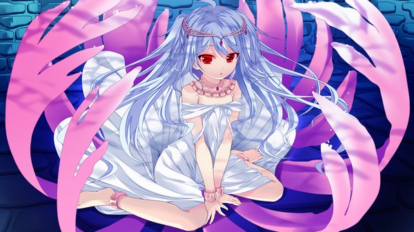 Anime picture 2048x1152 with shin shirogane no soleil skyfish (studio) single long hair looking at viewer highres red eyes wide image twintails game cg silver hair girl dress hair ornament bracelet jewelry