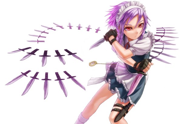 Anime picture 1466x1000 with touhou izayoi sakuya kurione (zassou) single short hair simple background red eyes white background holding purple hair braid (braids) maid twin braids girl dress gloves weapon socks frills headdress