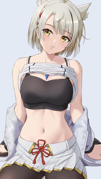 Anime picture 1546x2736 with xenoblade xenoblade 3 mio (xenoblade) amayo thranana single tall image looking at viewer short hair light erotic simple background sitting animal ears yellow eyes silver hair pleated skirt cat ears off shoulder arm support midriff blue background