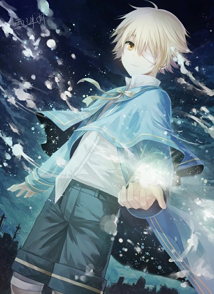 Anime picture 744x1020 with vocaloid oliver angel31424 single tall image looking at viewer fringe short hair blonde hair smile signed yellow eyes ahoge night glow bandage over one eye boy bow ribbon (ribbons) shirt