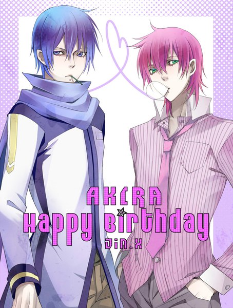 Anime picture 800x1057 with vocaloid kaito (vocaloid) vy2 66 (roro) jin.x tall image fringe short hair blue eyes hair between eyes standing green eyes blue hair pink hair multiple boys border outside border happy birthday hands in pockets heart of string