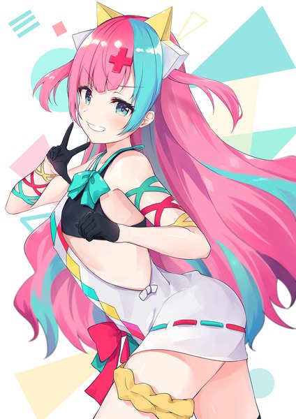 Anime picture 1448x2048 with virtual youtuber the moon studio pinky pop hepburn racchi. single long hair tall image looking at viewer blush fringe open mouth blue eyes simple background smile standing bare shoulders payot pink hair :d multicolored hair