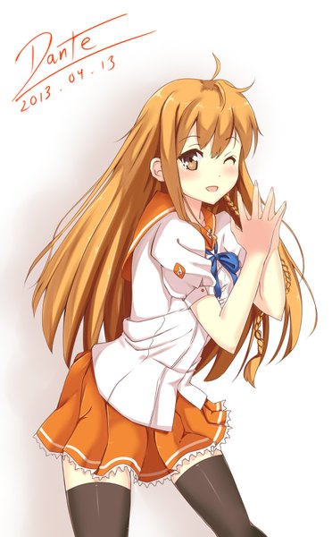 Anime picture 2176x3510 with mirai millenium suenaga mirai haihovothan single long hair tall image looking at viewer blush highres open mouth simple background blonde hair white background brown eyes braid (braids) pleated skirt one eye closed wink inscription girl