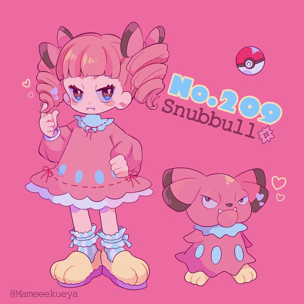 Anime picture 1923x1923 with pokemon nintendo snubbull mameeekueya single highres short hair simple background standing twintails signed pink hair full body fang (fangs) character names hand on hip twitter username drill hair short twintails pink background