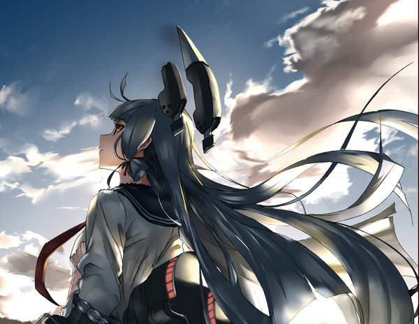 Anime picture 1936x1500 with kantai collection murakumo destroyer tsuuhan single long hair highres brown eyes looking away sky silver hair cloud (clouds) outdoors wind sunlight shadow torn clothes looking up tress ribbon girl ribbon (ribbons)
