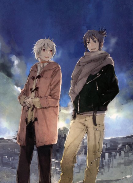 Anime picture 3243x4480 with no.6 studio bones nezumi (no.6) shion (no.6) tall image highres short hair open mouth black hair red eyes absurdres sky silver hair cloud (clouds) multiple boys grey eyes hands in pockets boy 2 boys