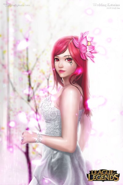 Anime picture 1200x1800 with league of legends katarina (league of legends) jyin single long hair tall image looking at viewer red eyes red hair hair flower lips tattoo sleeveless lipstick pink lipstick girl dress hair ornament flower (flowers) ring