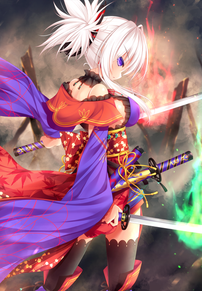 Anime picture 638x916 with fate (series) fate/grand order miyamoto musashi (fate) yunagi amane single long hair tall image blush breasts light erotic purple eyes bare shoulders holding payot white hair traditional clothes japanese clothes profile dual wielding girl