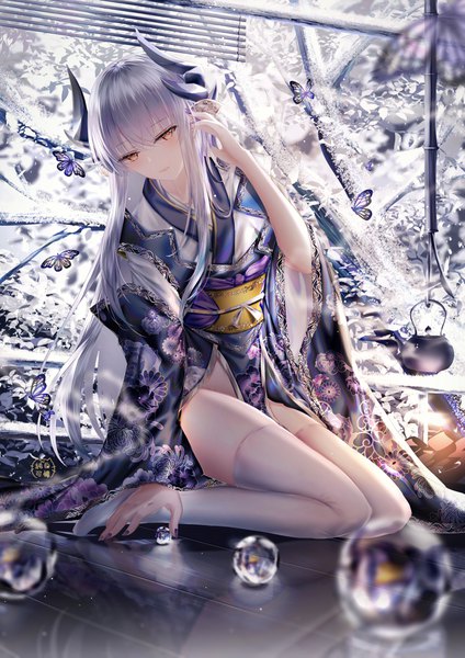 Anime picture 2894x4093 with fate (series) fate/grand order kiyohime (fate) junpaku karen single long hair tall image blush fringe highres hair between eyes sitting signed payot silver hair full body long sleeves nail polish traditional clothes head tilt
