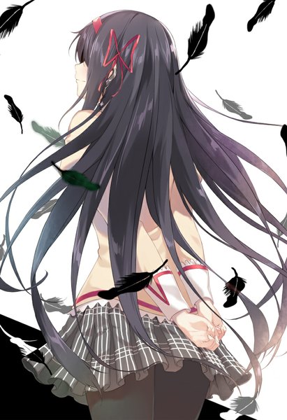 Anime picture 685x1000 with mahou shoujo madoka magica shaft (studio) akemi homura cccpo single long hair tall image black hair simple background white background looking away light smile from behind back hands behind back magical girl hair over eyes girl skirt ribbon (ribbons)