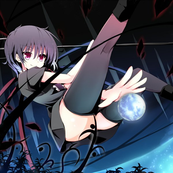 Anime picture 1000x1000 with touhou houjuu nue madara (artist) single short hair light erotic black hair red eyes girl thighhighs dress black thighhighs wings