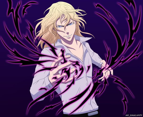 Anime picture 1248x1024 with noblesse frankenstein ar-ua single long hair looking at viewer blue eyes simple background blonde hair coloring black background open collar boy shirt