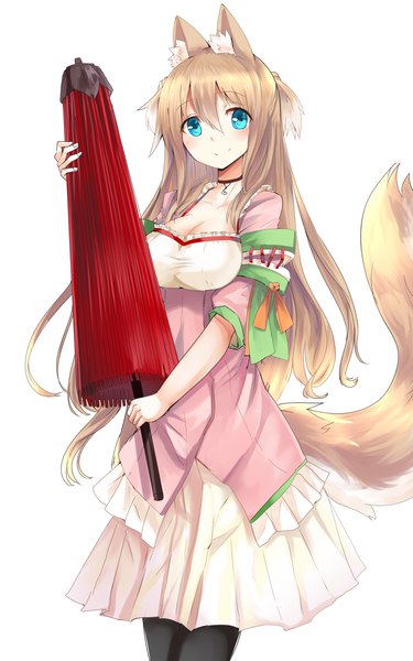 Anime picture 1249x2000 with original haik single long hair tall image looking at viewer fringe breasts blue eyes simple background blonde hair smile hair between eyes large breasts white background animal ears cleavage tail animal tail fox ears