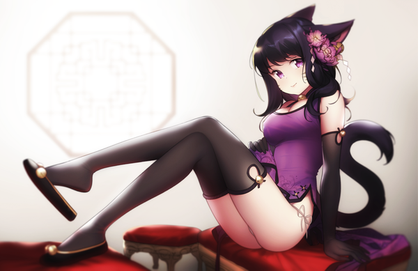 Anime picture 1650x1070 with final fantasy final fantasy xiv square enix miqo'te eventh7 single long hair looking at viewer light erotic black hair sitting purple eyes animal ears bent knee (knees) tail animal tail hair flower light smile cat ears cat tail