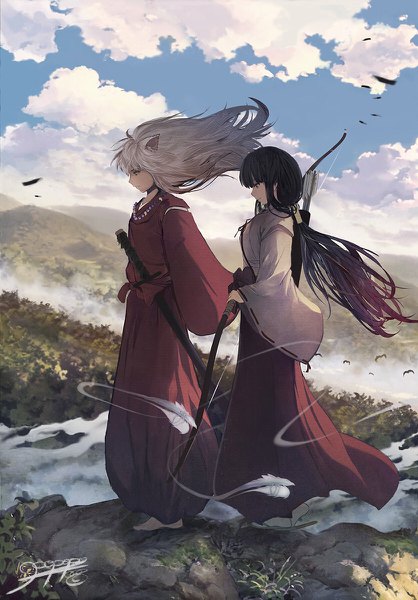 Anime picture 836x1200 with inuyasha inuyasha (character) kikyou (inuyasha) popopo long hair tall image fringe black hair holding signed animal ears looking away sky silver hair cloud (clouds) full body outdoors blunt bangs traditional clothes japanese clothes