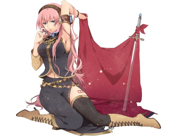 Anime picture 1480x1124 with vocaloid megurine luka murakami yuichi single long hair fringe breasts blue eyes light erotic simple background white background sitting pink hair tattoo girl thighhighs weapon black thighhighs sword boots