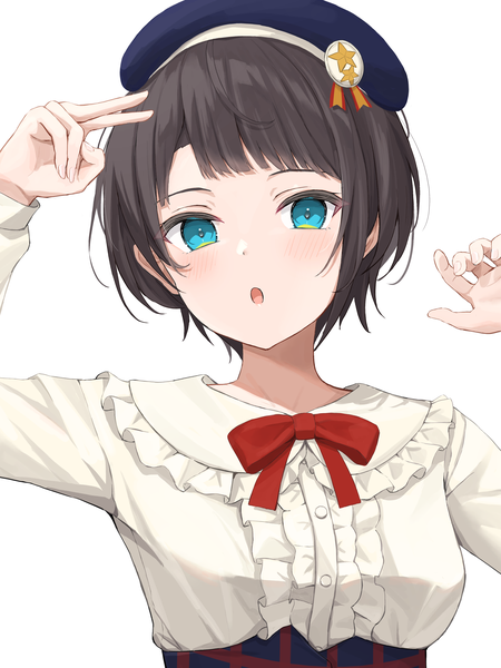 Anime picture 3262x4350 with virtual youtuber hololive oozora subaru oozora subaru (5th costume) norio (noriosub) single tall image looking at viewer fringe highres short hair black hair simple background white background absurdres upper body aqua eyes :o official alternate costume girl