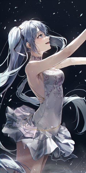 Anime picture 1400x2800 with vocaloid hatsune miku ekina (1217) single long hair tall image fringe open mouth simple background smile hair between eyes standing twintails looking away :d profile aqua eyes aqua hair dark background girl