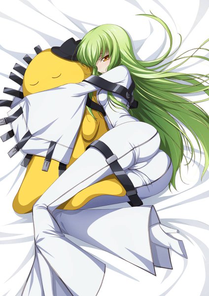 Anime picture 848x1200 with code geass sunrise (studio) c.c. cheese-kun yu-ta single long hair tall image looking at viewer blush fringe breasts light erotic yellow eyes payot full body bent knee (knees) ass indoors lying