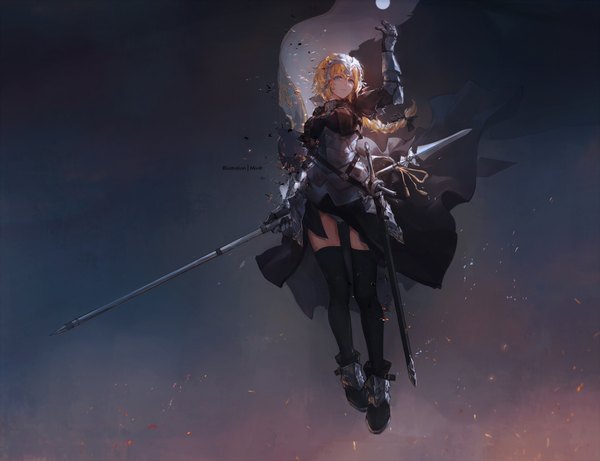 Anime picture 2210x1700 with fate (series) fate/apocrypha jeanne d'arc (fate) (all) jeanne d'arc (fate) mivit single long hair tall image looking at viewer fringe highres short hair open mouth light erotic simple background blonde hair smile hair between eyes signed full body