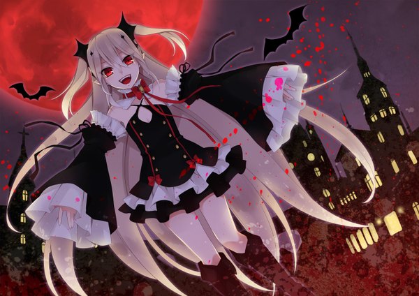 Anime picture 1412x1000 with owari no seraph wit studio kururu tepes hatsubi single long hair looking at viewer open mouth blonde hair red eyes night two side up spread arms vampire red moon girl dress bow hair bow detached sleeves