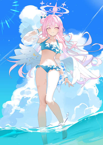 Anime picture 3307x4677 with blue archive mika (blue archive) r aeel single long hair tall image looking at viewer fringe highres hair between eyes pink hair absurdres sky cloud (clouds) outdoors bare legs partially submerged arm behind head summer white wings