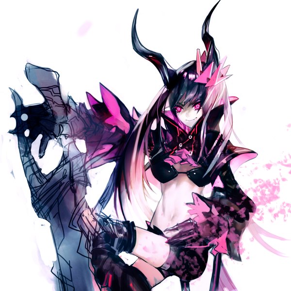 Anime picture 1757x1757 with black rock shooter black gold saw shikido single long hair highres black hair simple background white background pink hair pink eyes horn (horns) glowing glowing eye (eyes) demon girl gloves weapon sword shorts