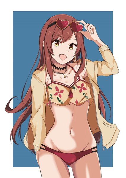 Anime picture 941x1329 with idolmaster idolmaster shiny colors oosaki amana nemo 1988 single long hair tall image fringe breasts open mouth light erotic smile brown hair standing yellow eyes long sleeves head tilt :d arm up open jacket
