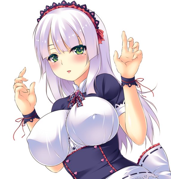 Anime picture 1255x1314 with original iroha (unyun) single long hair tall image blush breasts light erotic simple background large breasts white background green eyes white hair maid girl