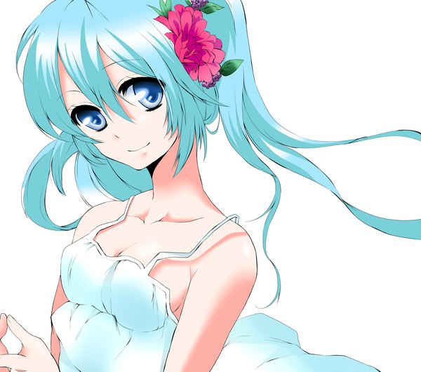 Anime picture 2600x2300 with vocaloid hatsune miku mihatarou single long hair looking at viewer highres blue eyes simple background white background twintails hair flower aqua hair girl hair ornament sundress